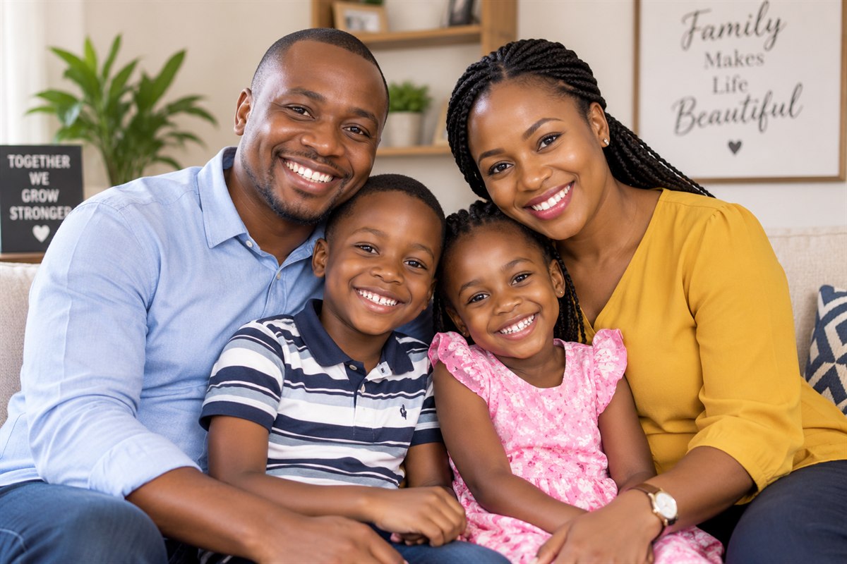 A Kenyan family at home with their two children